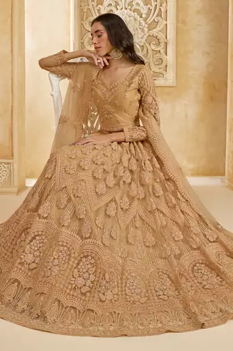 beige net thread work wedding lehenga