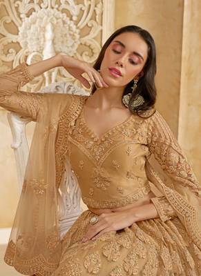 beige net thread work wedding lehenga 3