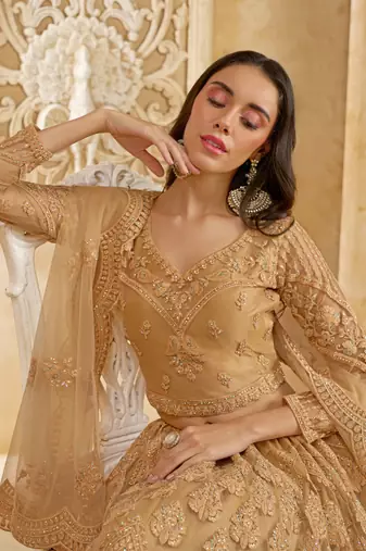beige net thread work wedding lehenga