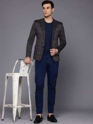 charcoal single-breasted slim-fit blazer with blue and black two-tone checks 6