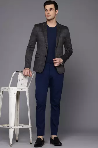 charcoal single-breasted slim-fit blazer with blue and black two-tone checks