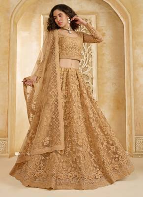 beige net thread work wedding lehenga 2