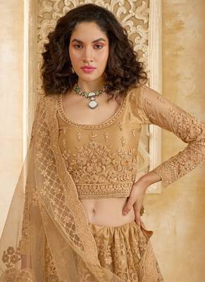 beige net thread work wedding lehenga 4