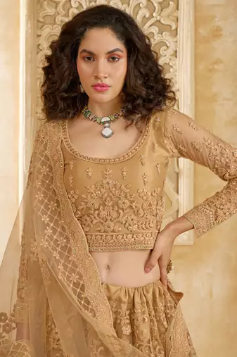 beige net thread work wedding lehenga