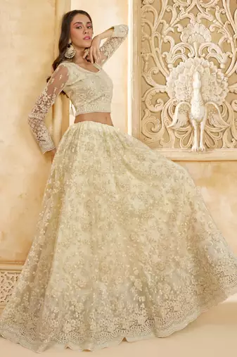 off white net thread work wedding lehenga