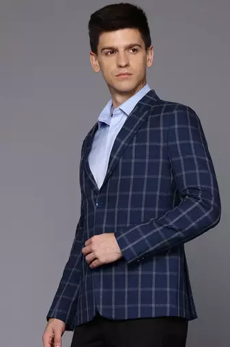 blue single-breasted slim-fit blazer with white checks