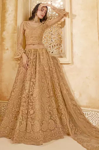beige net thread work wedding lehenga