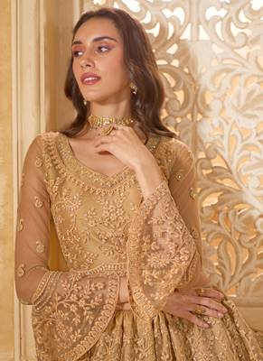 beige net thread work wedding lehenga 4