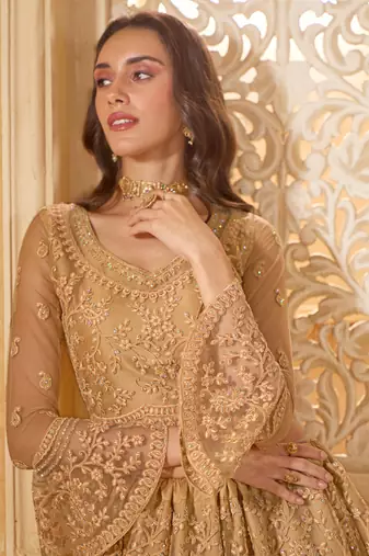 beige net thread work wedding lehenga