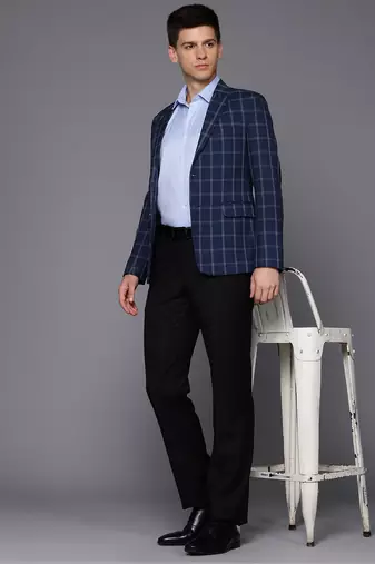 blue single-breasted slim-fit blazer with white checks