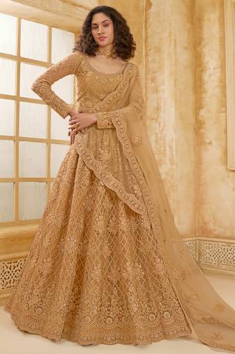 beige net thread work wedding lehenga