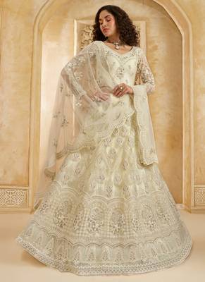 off white net thread work wedding lehenga 1