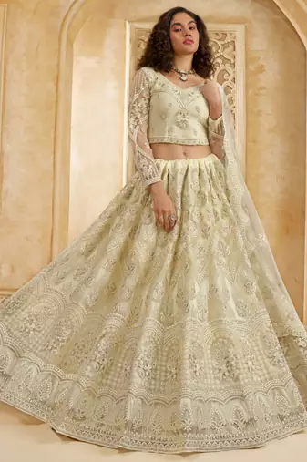off white net thread work wedding lehenga