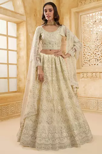 off white net thread work wedding lehenga
