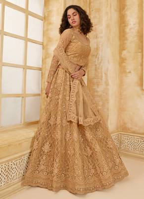 beige net thread work wedding lehenga 3