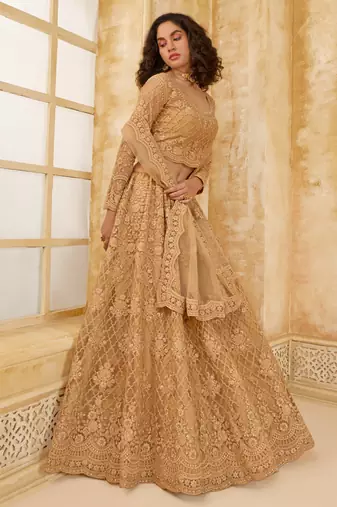 beige net thread work wedding lehenga