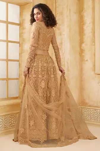 beige net thread work wedding lehenga