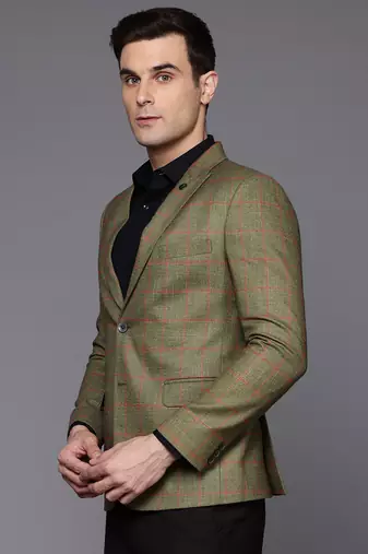 single-breasted slim-fit green blazer with red checks