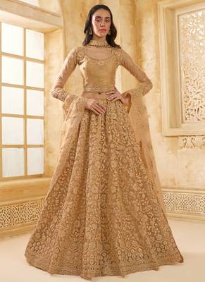 beige net thread work wedding lehenga 1