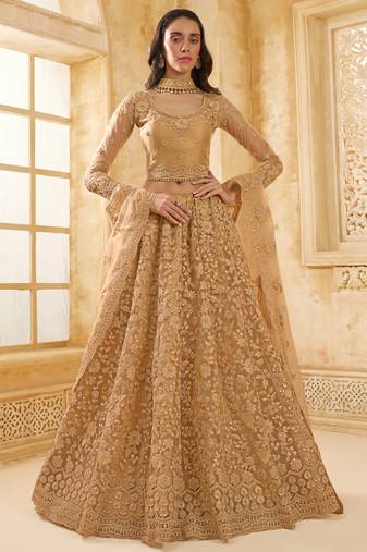 beige net thread work wedding lehenga