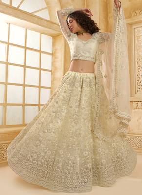 off white net thread work wedding lehenga 1