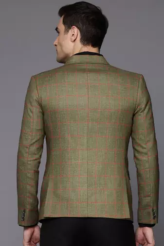 single-breasted slim-fit green blazer with red checks