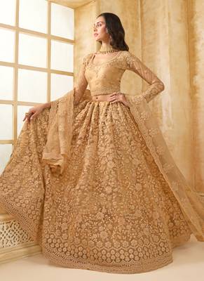beige net thread work wedding lehenga 2