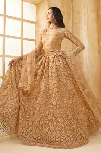 beige net thread work wedding lehenga