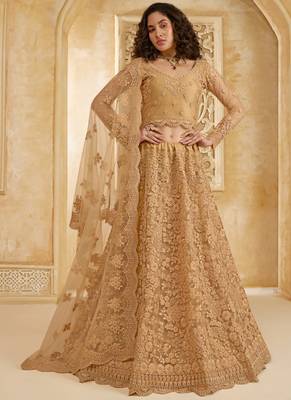 beige net thread work wedding lehenga 1