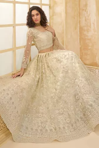 off white net thread work wedding lehenga