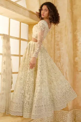 off white net thread work wedding lehenga