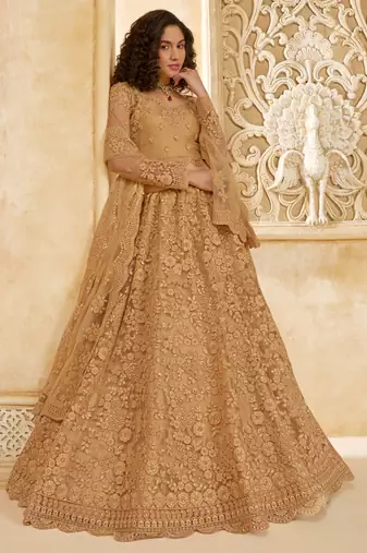 beige net thread work wedding lehenga