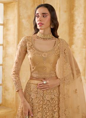 beige net thread work wedding lehenga 4