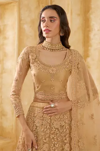 beige net thread work wedding lehenga