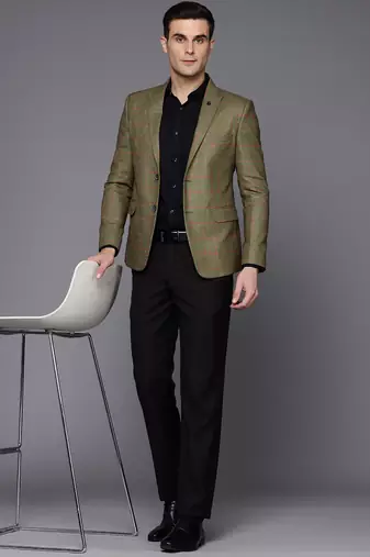 single-breasted slim-fit green blazer with red checks