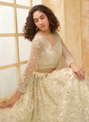 off white net thread work wedding lehenga 4