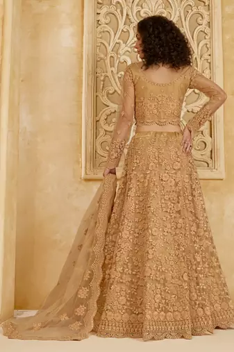 beige net thread work wedding lehenga