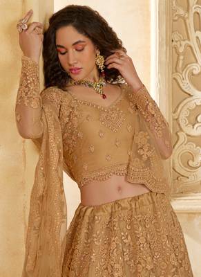 beige net thread work wedding lehenga 4