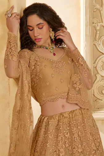 beige net thread work wedding lehenga