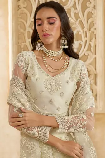 off white net thread work wedding lehenga