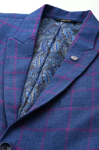 single-breasted slim-fit blue blazer with pink checks