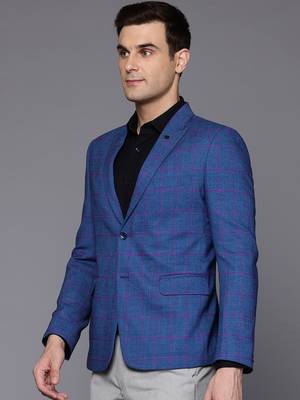 single-breasted slim-fit blue blazer with pink checks 3