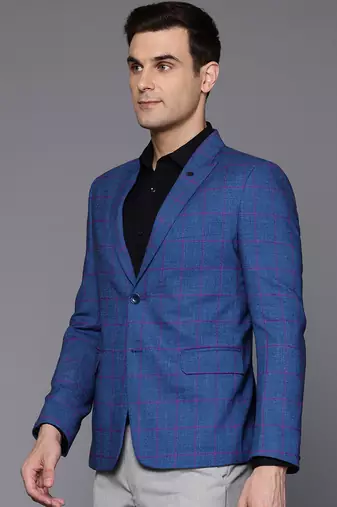 single-breasted slim-fit blue blazer with pink checks