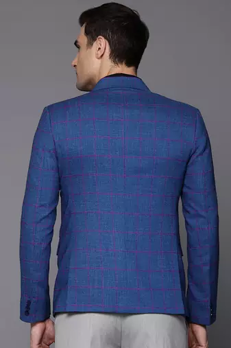 single-breasted slim-fit blue blazer with pink checks
