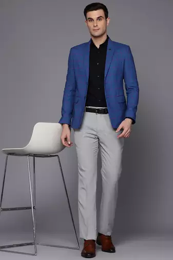 single-breasted slim-fit blue blazer with pink checks