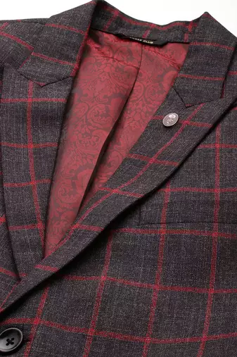 single-breasted slim-fit black blazer with red checks