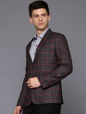 single-breasted slim-fit black blazer with red checks 3