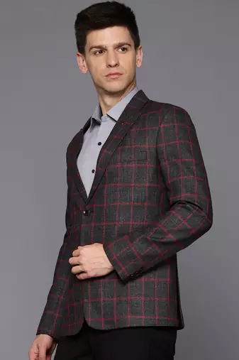 single-breasted slim-fit black blazer with red checks