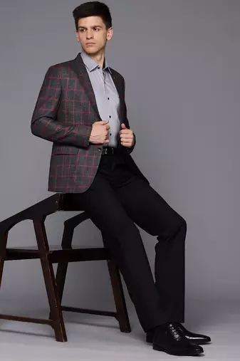 single-breasted slim-fit black blazer with red checks