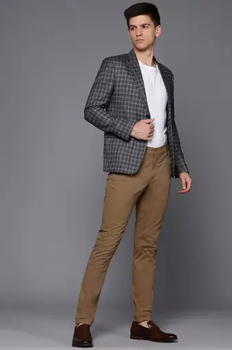 single-breasted slim-fit Grey blazer with brown checks